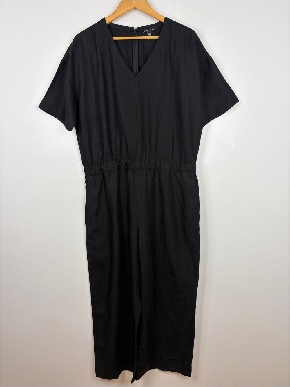 Eileen Fisher Jumpsuit Womens Large Black Short Sleeve Wide Leg Linen Lyocell